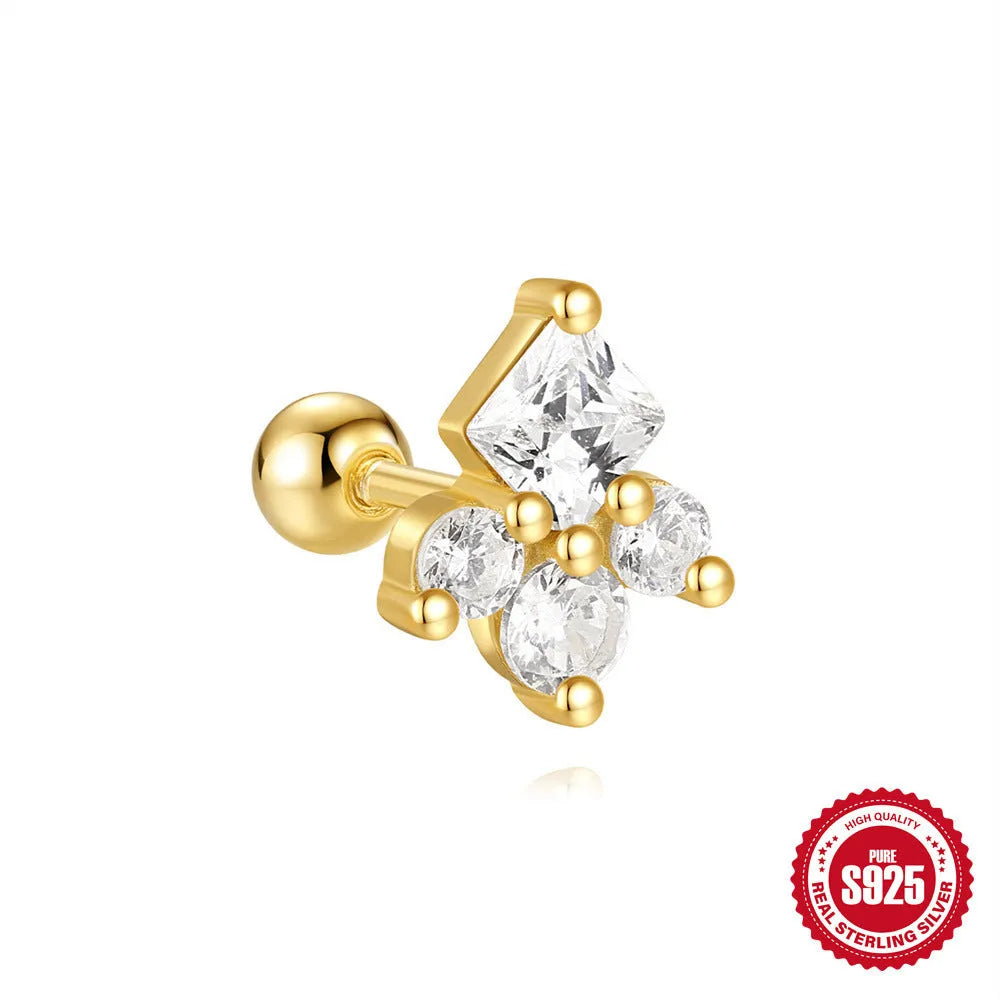 S925 sterling silver square gravel stud earrings with red flower design in golden electroplated finish