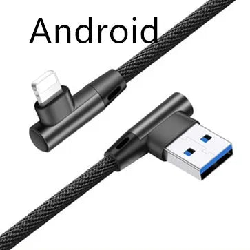 Fast charging USB cable with denim textile exterior and aluminium connectors in black, blue, and red.