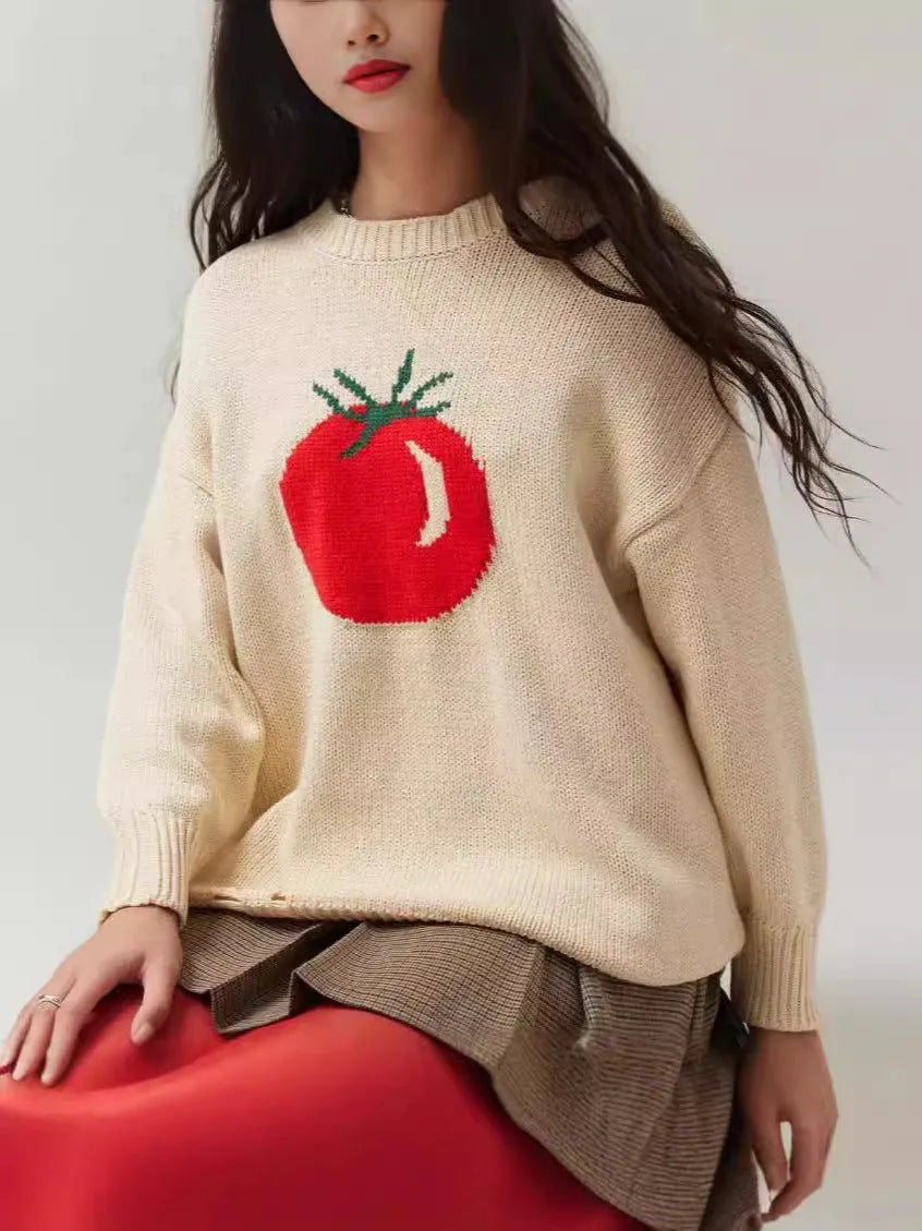 Women's beige jacquard knit pullover sweater with round neck and long sleeves