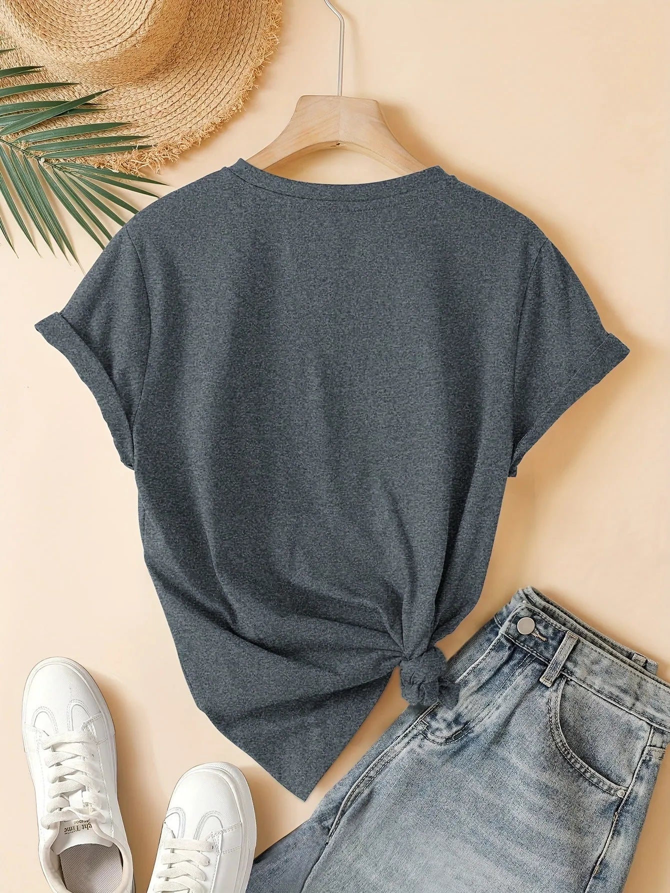 Women's pure cotton short sleeve T-shirt with Chinese art retro print in dark grey colour
