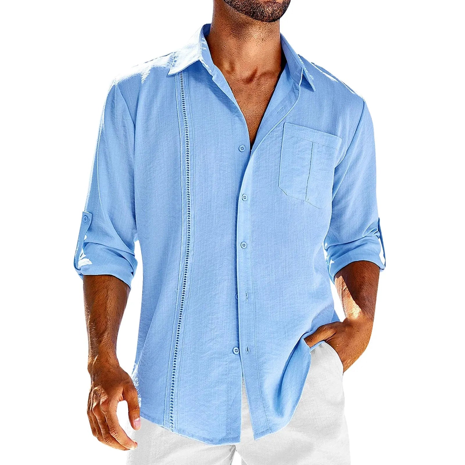 Men's solid colour long-sleeve shirt with a polo collar and a chest pocket on the left side.