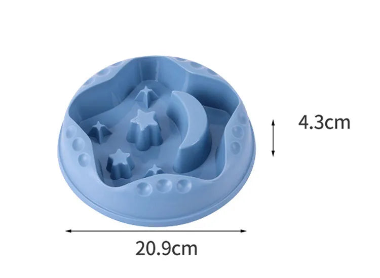 Large blue dog slow feeder bowl with moon star wings pattern and non-slip base