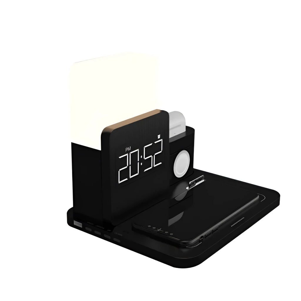 3-in-1 Qi wireless charging stand in dark green colour with phone, earbuds and smartwatch charging simultaneously