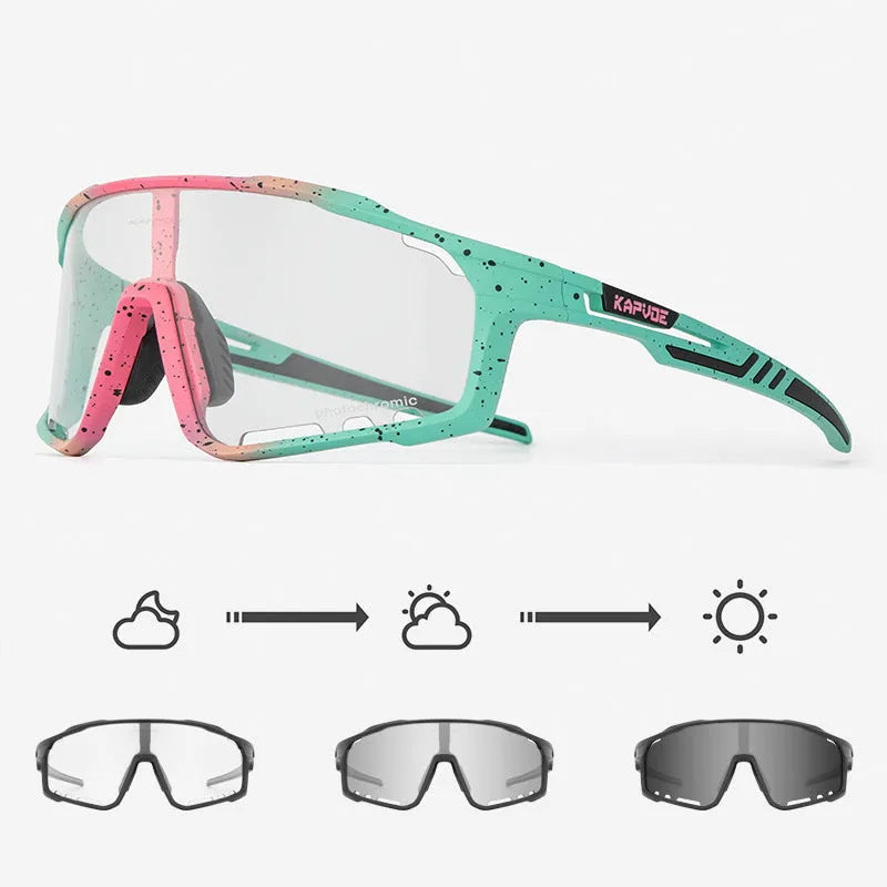 TR90 semi-rimless cycling sunglasses with photochromic lenses, shown in multiple colour options.
