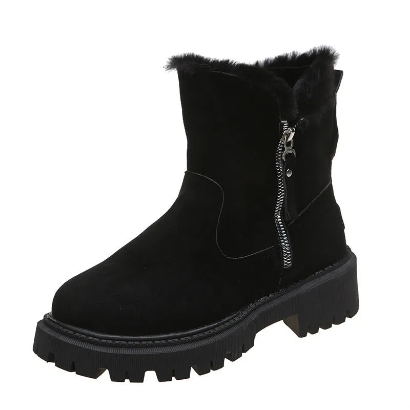 Women's black thick plush high-top snow boots with a side zipper and faux fur lining.