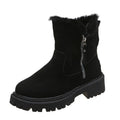 Women's black thick plush high-top snow boots with a side zipper and faux fur lining.