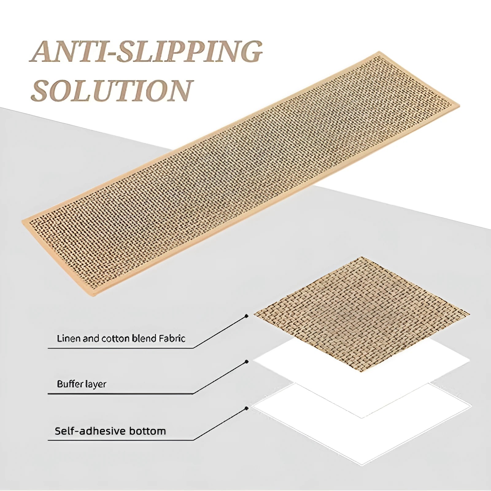 Japanese-style linen-look polyester stair mat on wooden stairs in camel colour with rubber backing