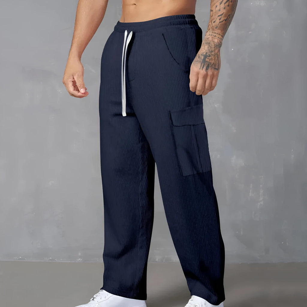 Men's corduroy cargo trousers in wide-leg straight fit with drawstring waist in multiple colour options