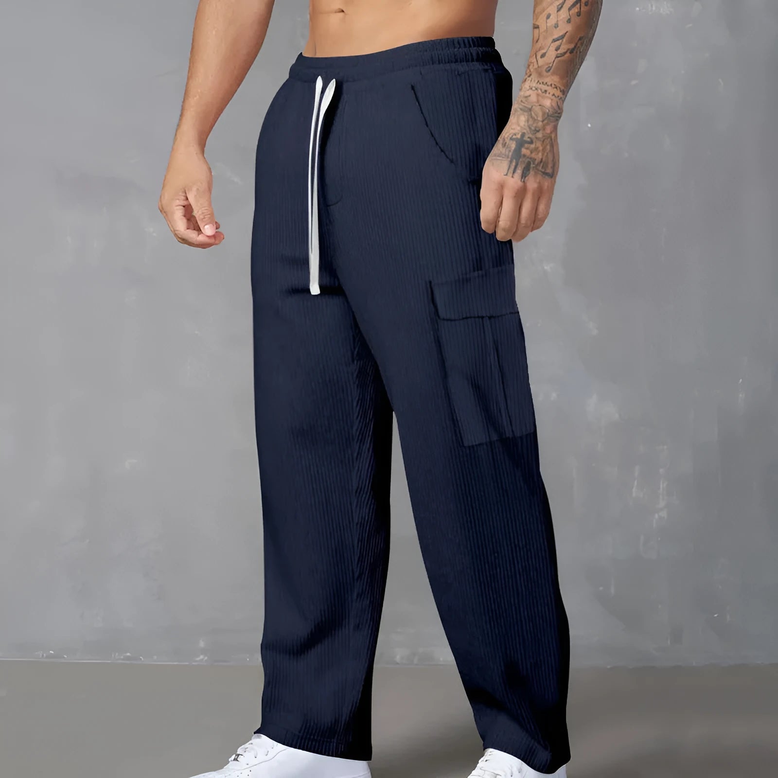 Men's corduroy cargo trousers in wide-leg straight fit with drawstring waist in multiple colour options