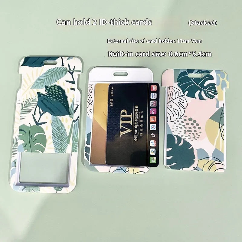 Green plant series simple fashion lanyard card cover with Monstera deliciosa diamond grid design, plastic 110mm x 70mm on a white background