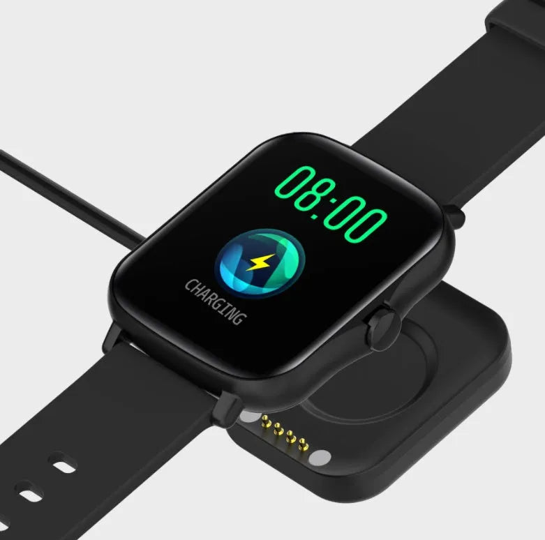 Smart sports watch with 1.7-inch colour touch screen in black, blue, or gold with adjustable strap.
