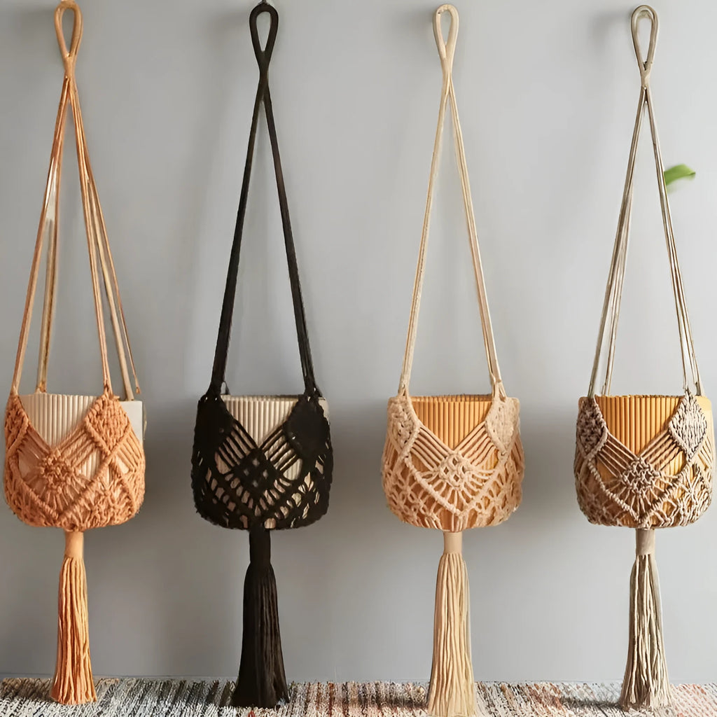 Hand-woven polyester cotton flower pot in minimalist design with textured surface