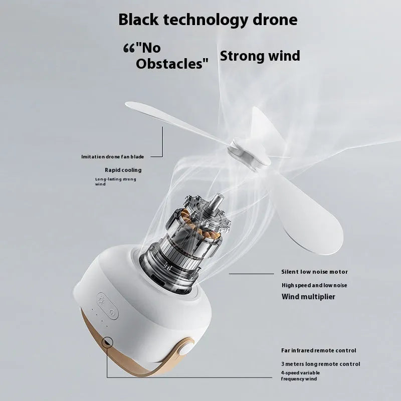 Small white rechargeable ceiling fan with remote control and strap for camping.