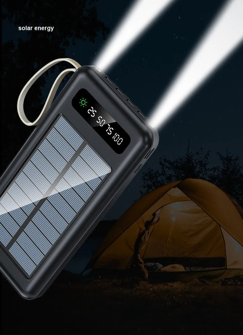 Black or white solar power bank with built-in panel showing capacity options of 20000mAh and 30000mAh.