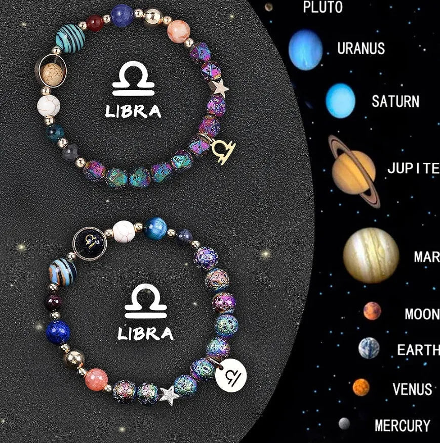 Two natural stone beaded bracelets laid out, each featuring designs for different zodiac signs.