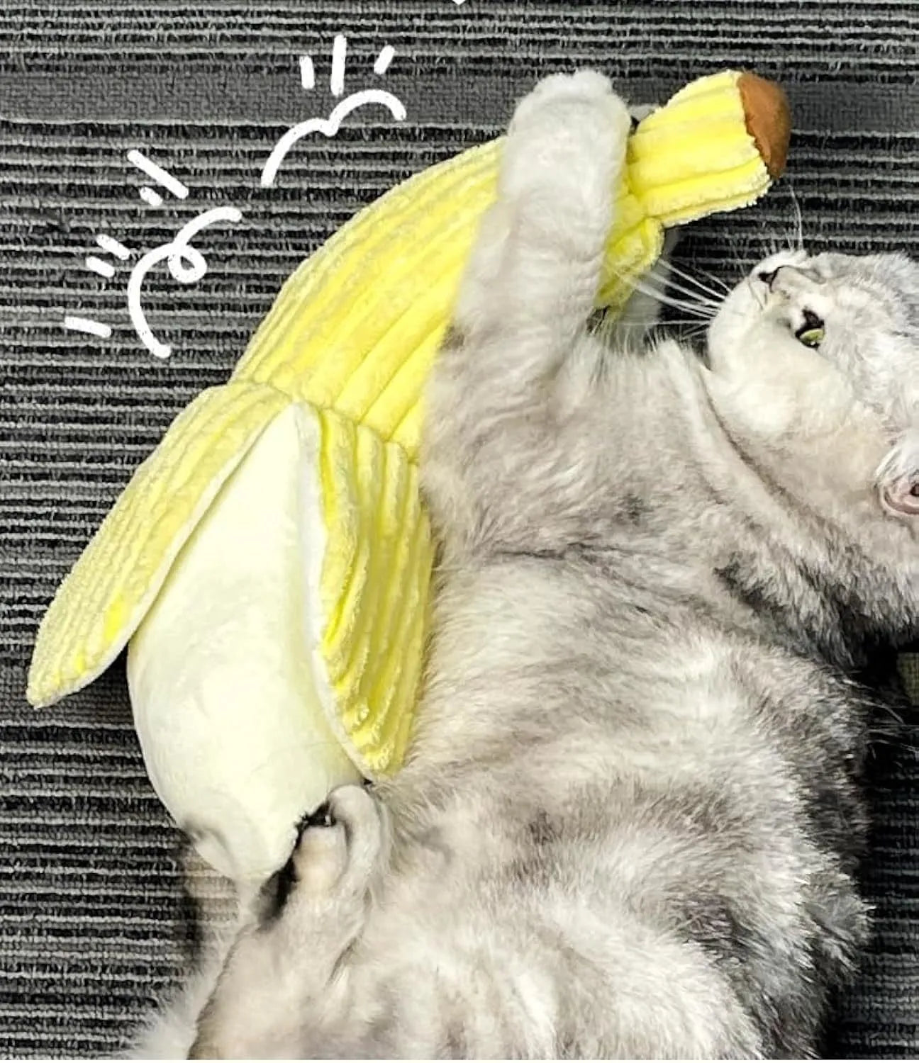 Yellow banana-shaped cat toy with plush fabric, measuring 33cm long