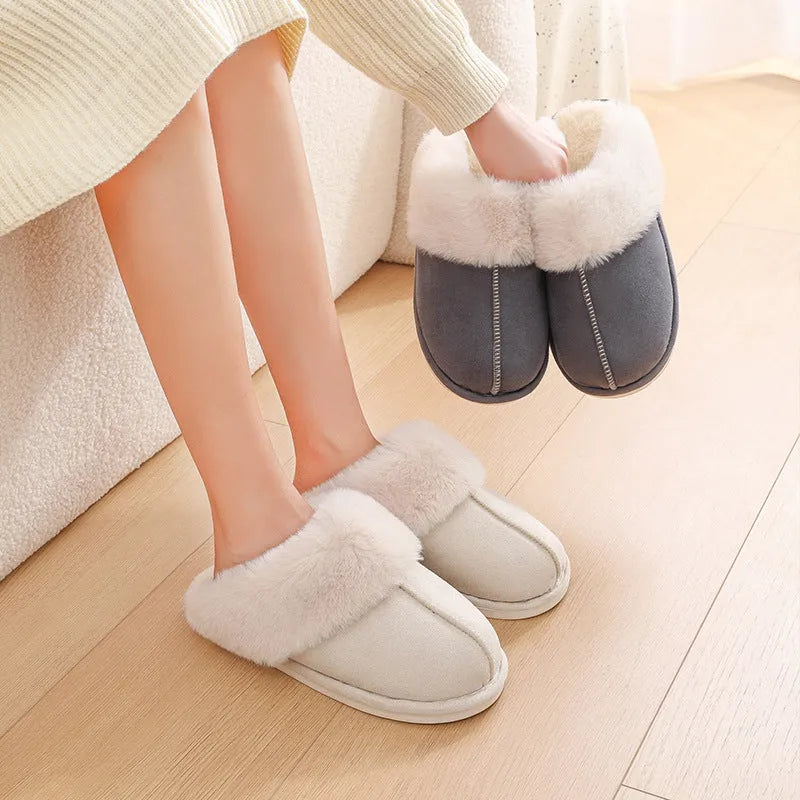 Women's plush indoor slippers with round toe, flat heel, and PVC sole in multiple colour options