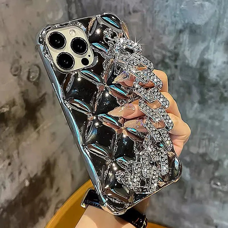 Luxury diamond bracelet phone case for iPhone with gold chain and plated rhombus design
