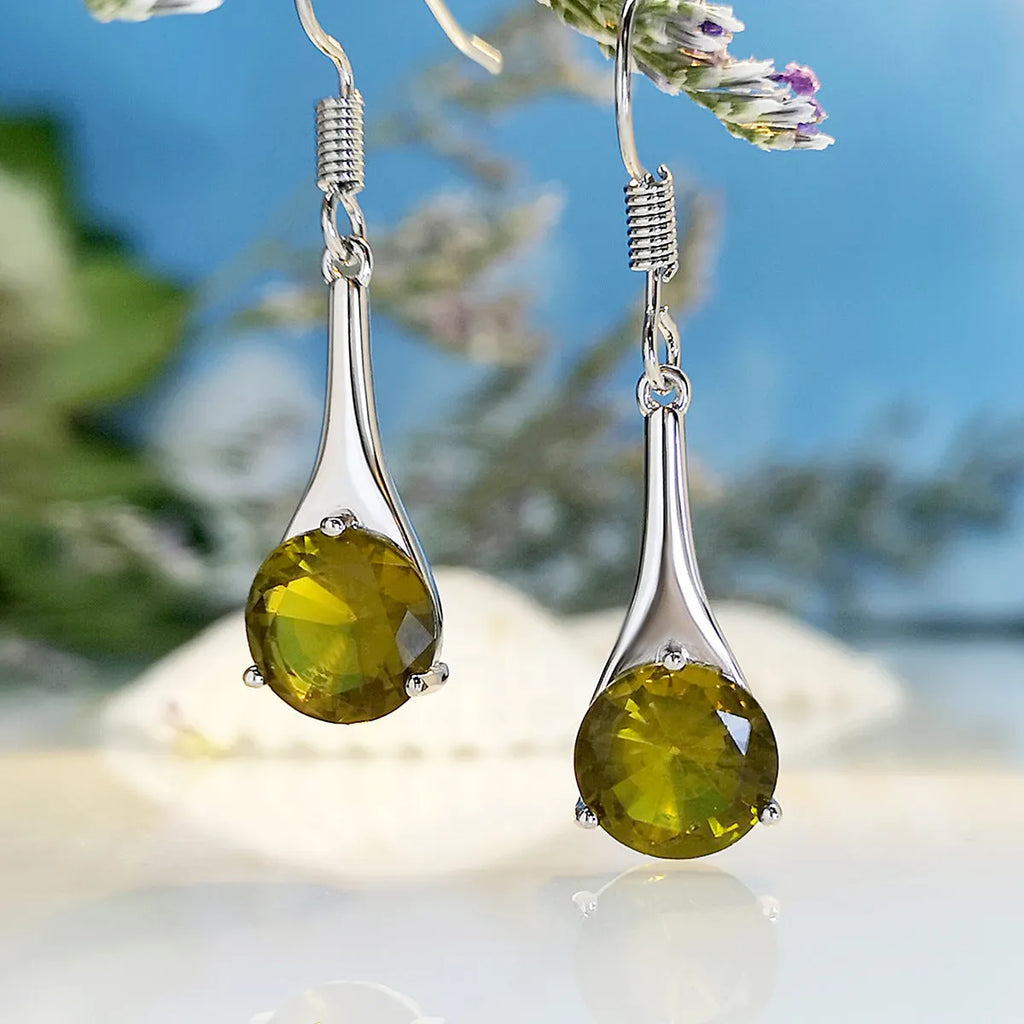 Olive green topaz water drop shaped alloy earrings with electroplated finish