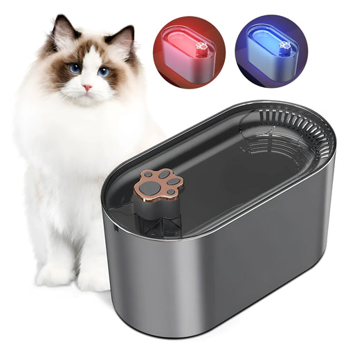Blue automatic cat water fountain with 3L capacity, LED light, and triple filter system