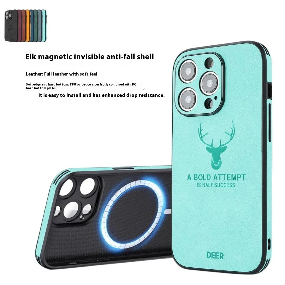 Magnetic charging iPhone 16 case with embossed moose head design in imitation leather material