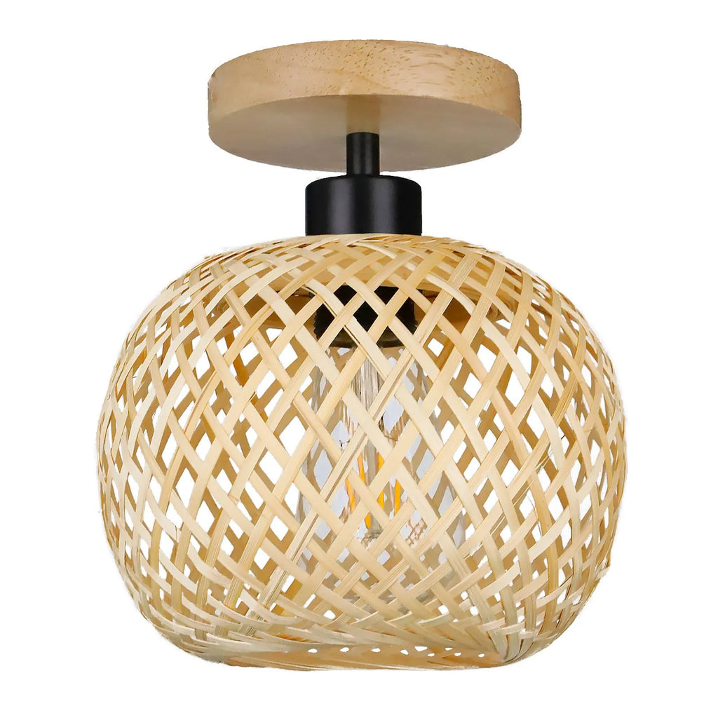 Japanese-style woven bamboo ceiling pendant light with a wood-colour finish, shown from below.