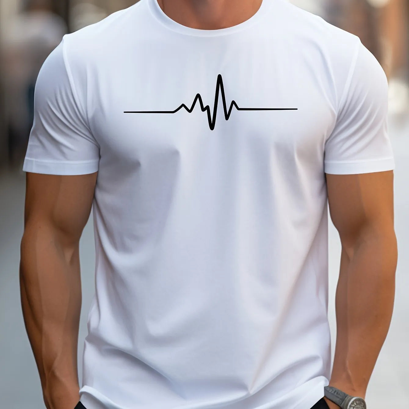 Men's loose-fit grey t-shirt with a raised 3D letter pattern on the front, short sleeves.