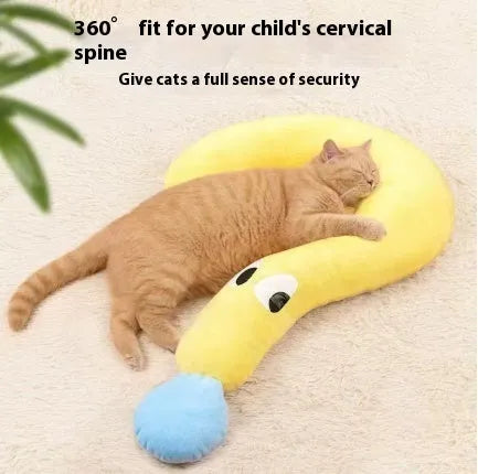 Blue U-shaped cat neck protection pillow with question mark design on white background