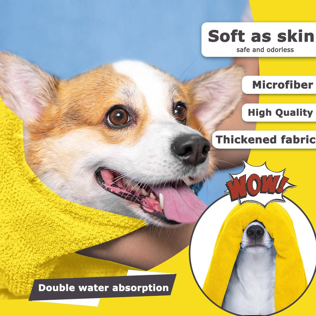 Yellow microfiber dog drying towel on hook, super absorbent for quick drying pets