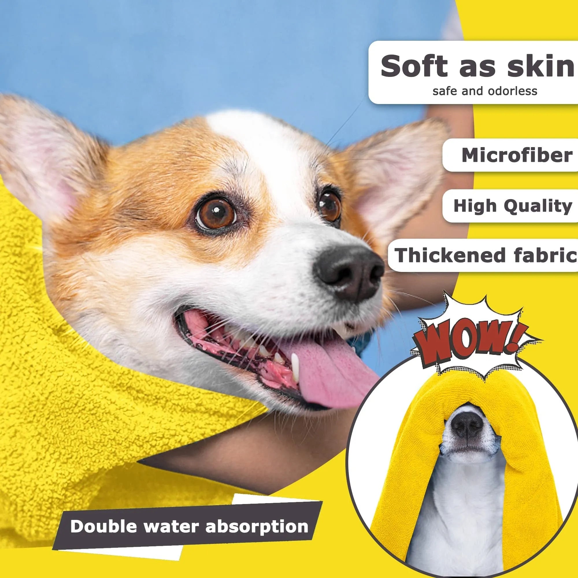 Yellow microfiber dog drying towel on hook, super absorbent for quick drying pets