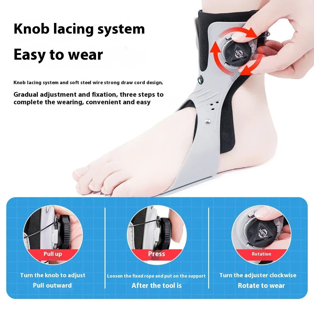 Grey and black adjustable airbag ankle support brace shown on a left and right foot.