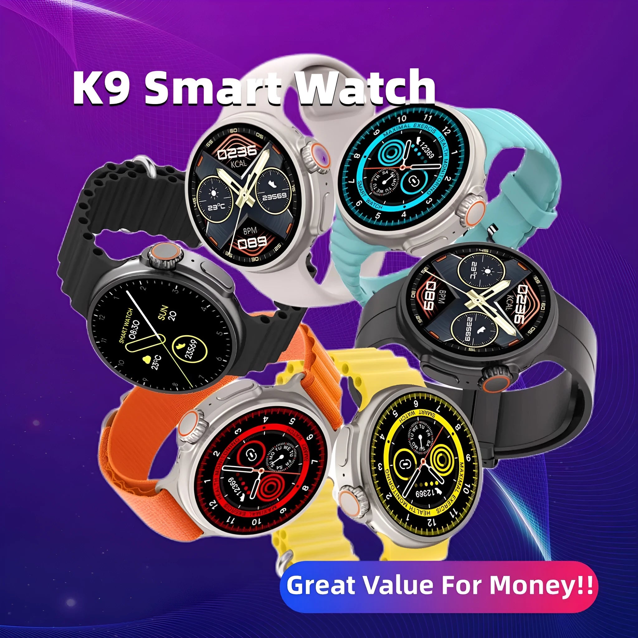 Black K9 smart watch with round screen on a silicone strap, showing a watch face with health metrics.