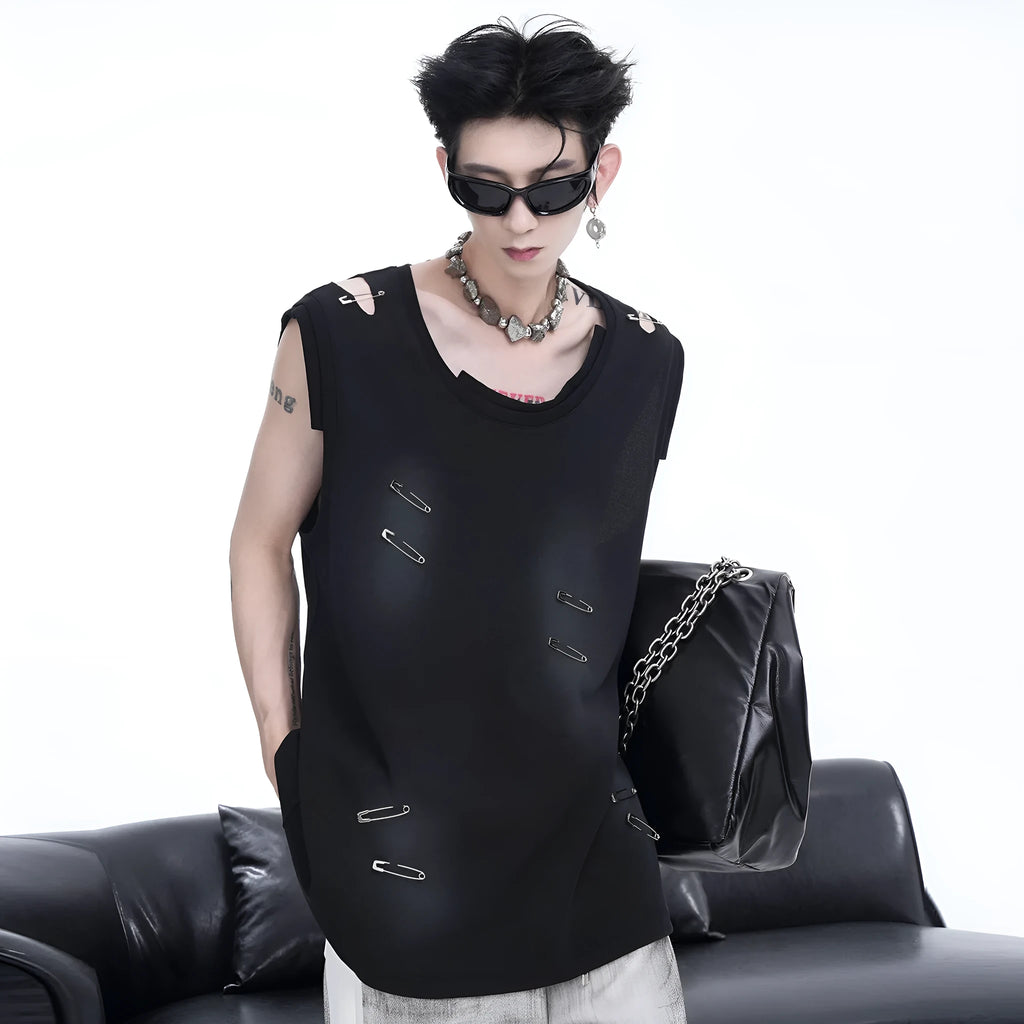 Men's black sleeveless vest waistcoat with ripped irregular cutting design on cotton blend fabric