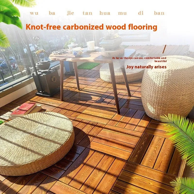 Four camphor pine wood flooring tiles showing 30cm square dimensions and wood grain texture