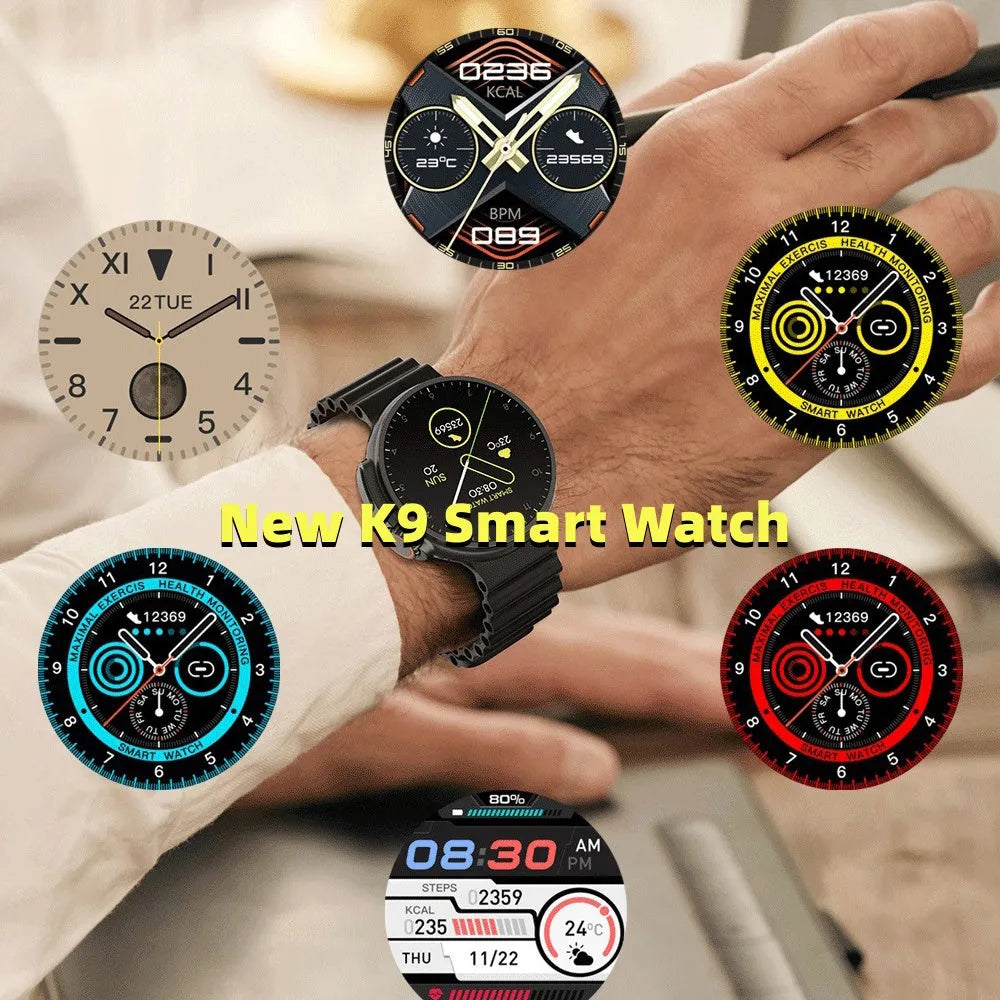 Black K9 smart watch with round screen on a silicone strap, showing a watch face with health metrics.