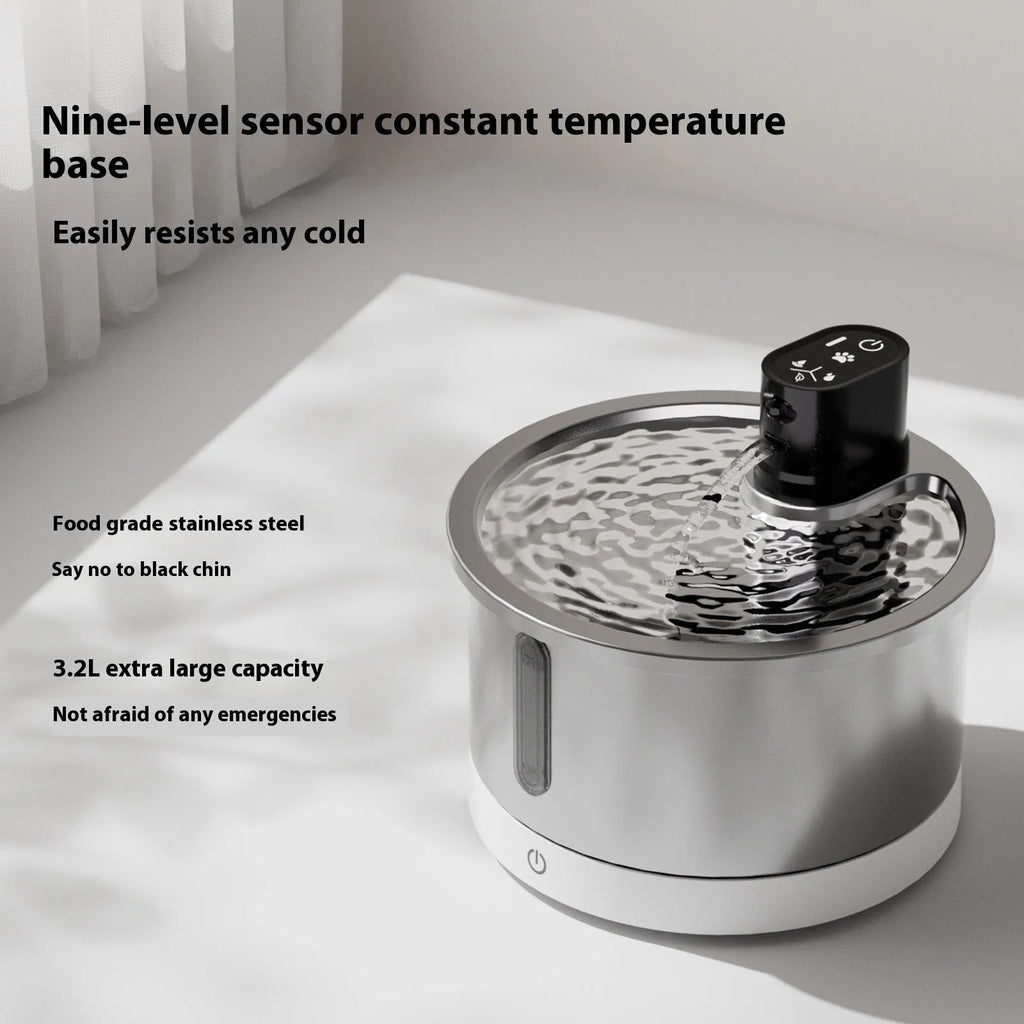 Stainless steel pet water fountain with heating base for cats and dogs in black colour option