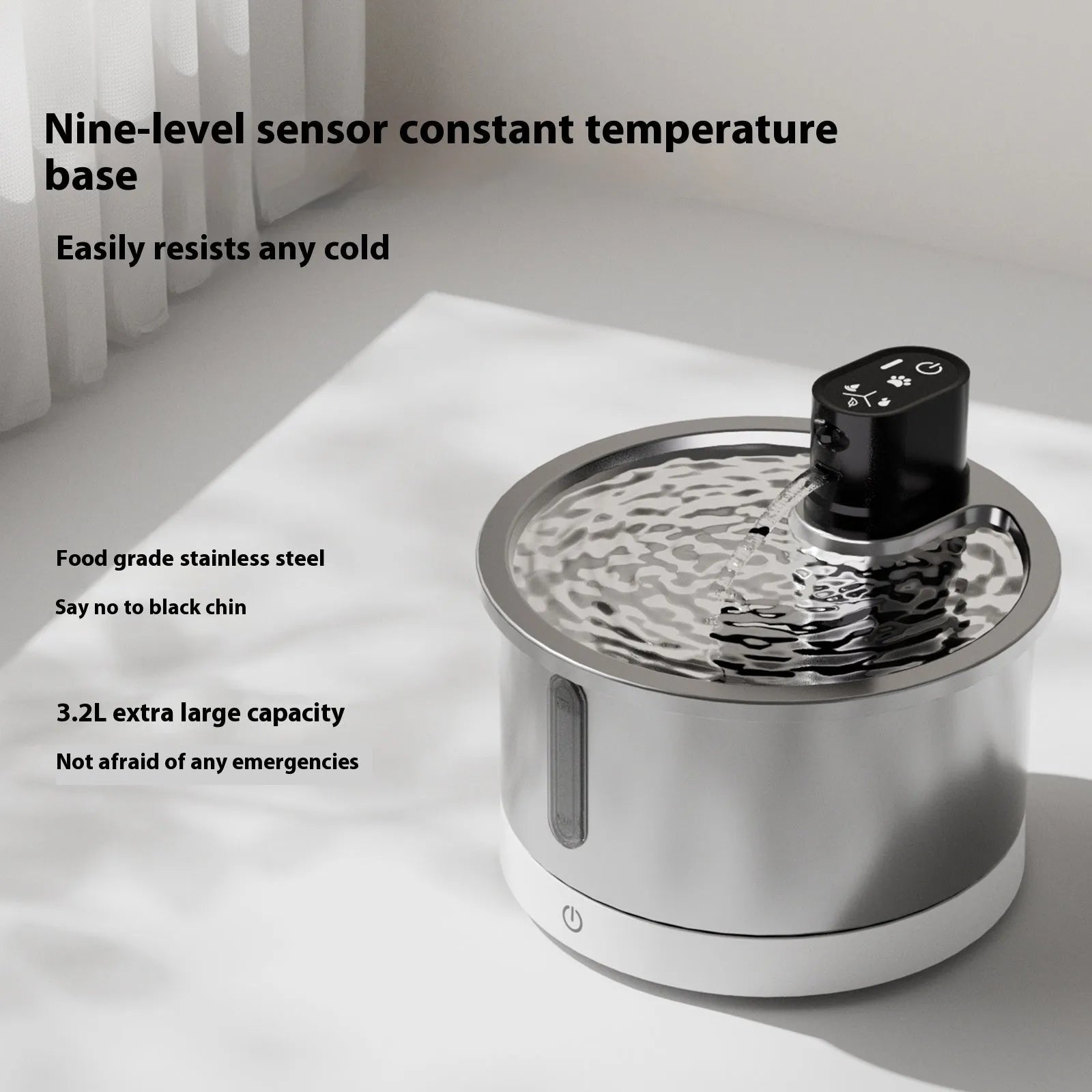 Stainless steel pet water fountain with heating base for cats and dogs in black colour option