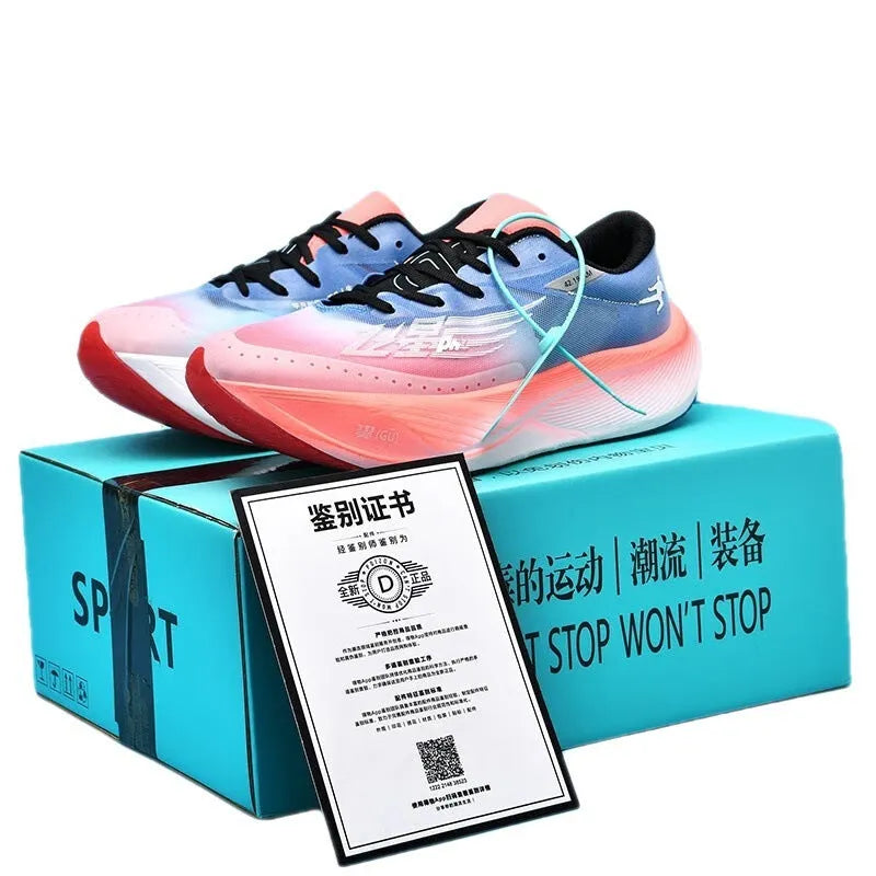 Low-top racing sneaker with carbon plate technology, PU mesh upper, and natural rubber sole in multiple colour options.