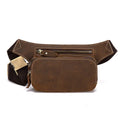 Brown top layer cowhide men's sports waist bag with zipped closure shown from front