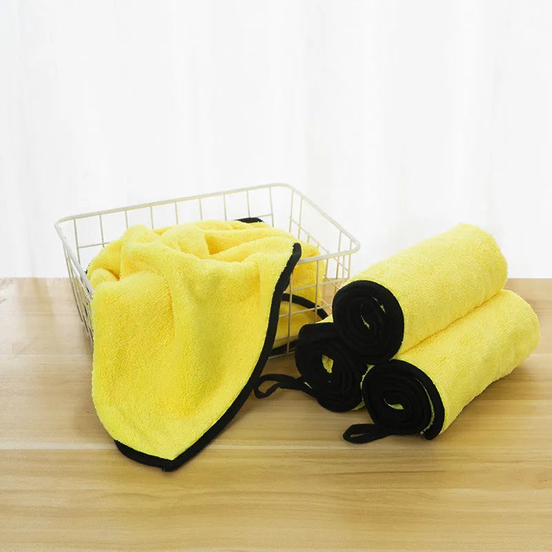 Yellow microfiber dog drying towel on hook, super absorbent for quick drying pets