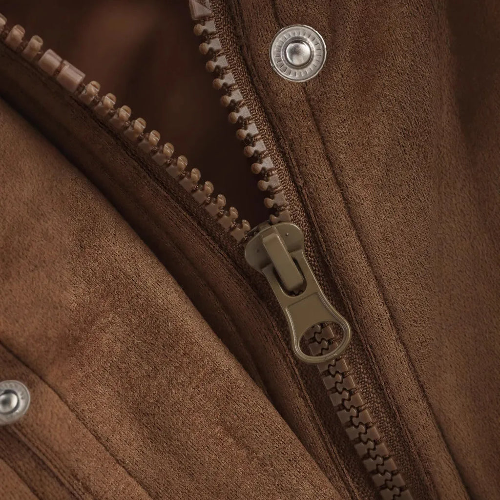 Suede texture pocket decoration spring autumn jacket in brown, long sleeve loose fit casual coat