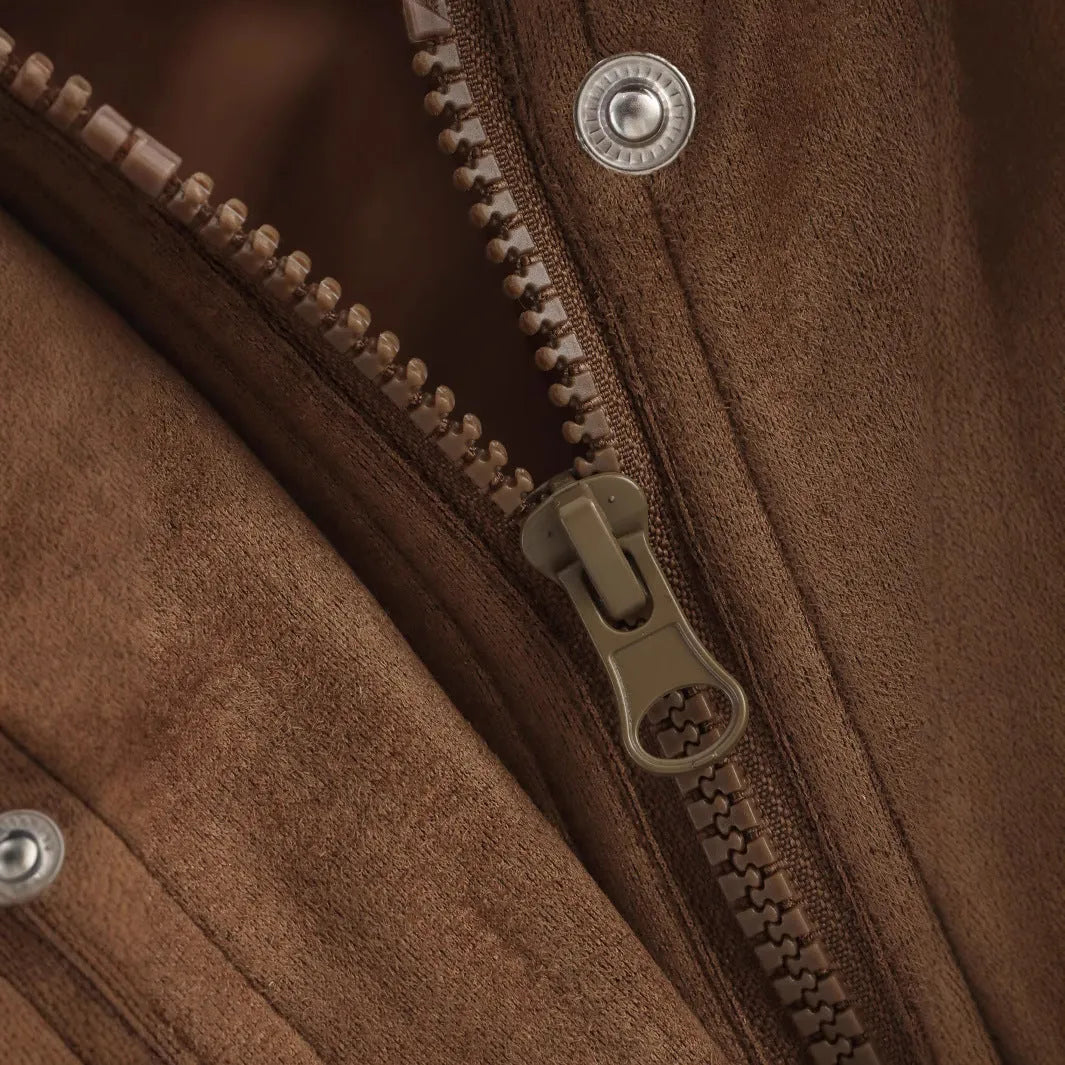 Suede texture pocket decoration spring autumn jacket in brown, long sleeve loose fit casual coat