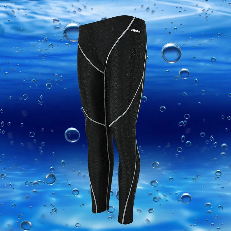 Men's nylon swimming trunks in briefs style with elastic waistband and striped designs in black, grey, green, blue and orange colour combinations