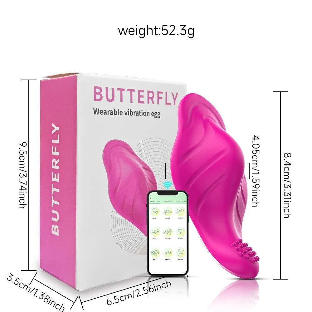 Rose red silicone wearable female vibrator with butterfly shape for app-controlled stimulation