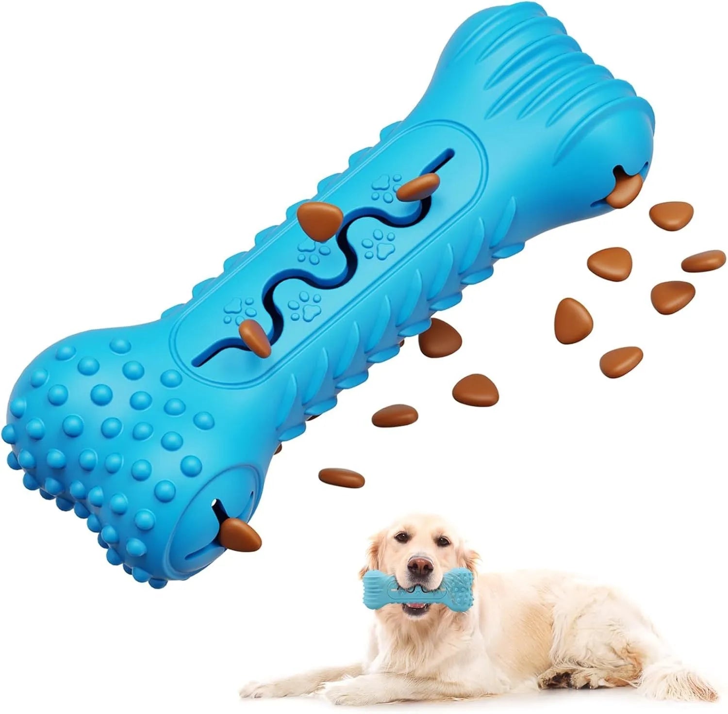Natural rubber bone-shaped dog chew toy for aggressive chewers in blue colour