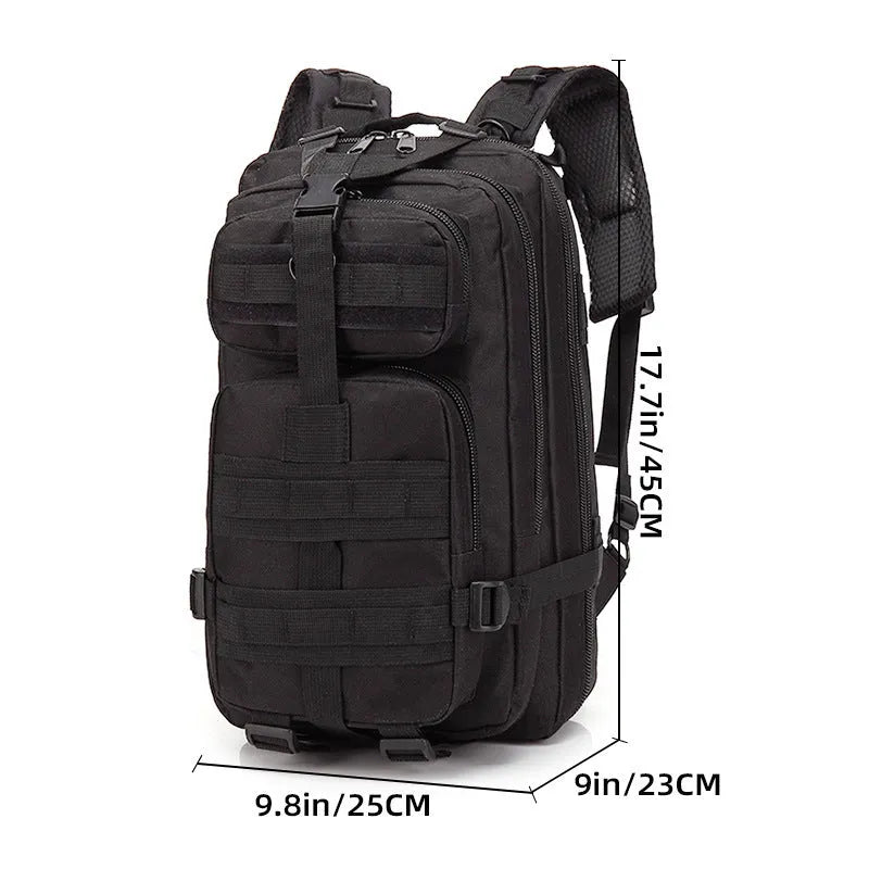 Large khaki coloured off-road hiking backpack with adjustable straps and multiple compartments.