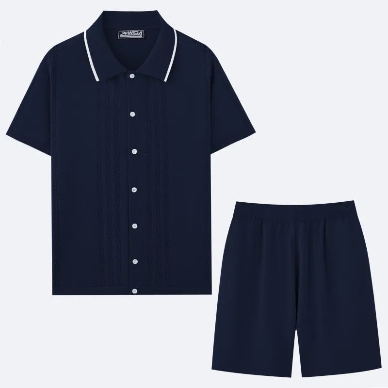 Business casual short sleeve sweater and shorts two-piece set in Tencel fabric, shown in multiple colour options.
