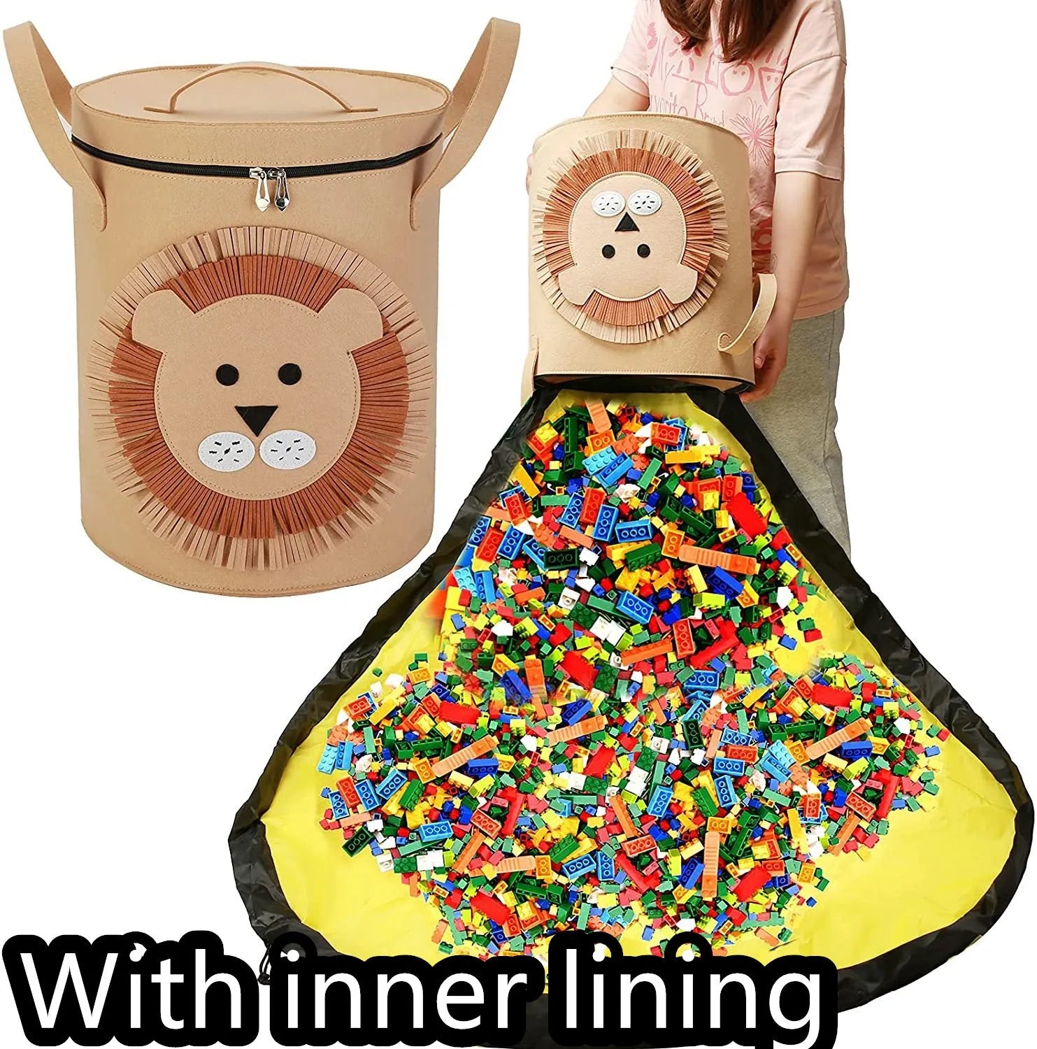 Green felt cube storage bag with pull rope, shown as a toy organiser and play mat.