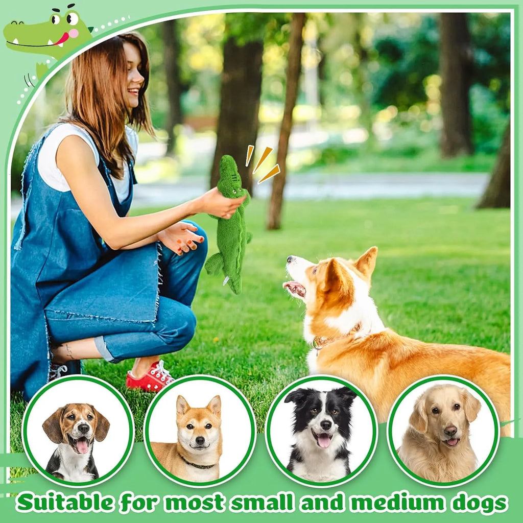 Green plush crocodile dog toy with no stuffing, for aggressive chewers.