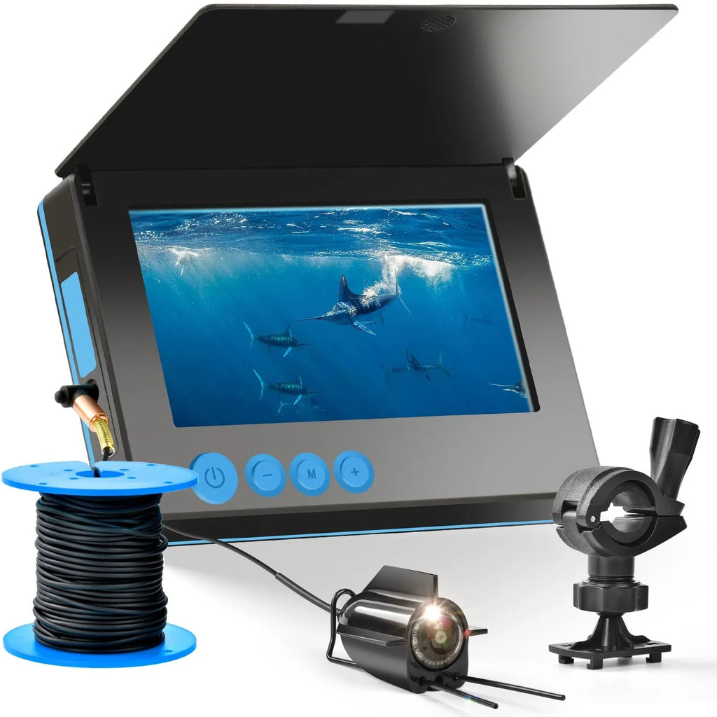 Underwater fish finder camera with 4.3-inch screen, showing a choice of 15, 20 or 30 metre cable options.
